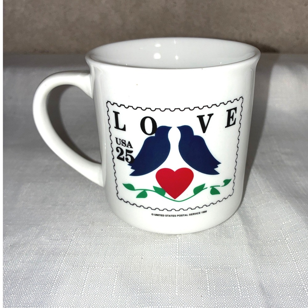 Vintage USPS Love Stamp Coffee Mugs Set of 4 Bluebirds Heart 1988 25 Cent White